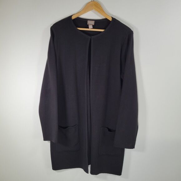 CHICO'S Size Black Longline Cardigan Size 2 / L Open Front Cotton Knit Classic - Picture 1 of 7